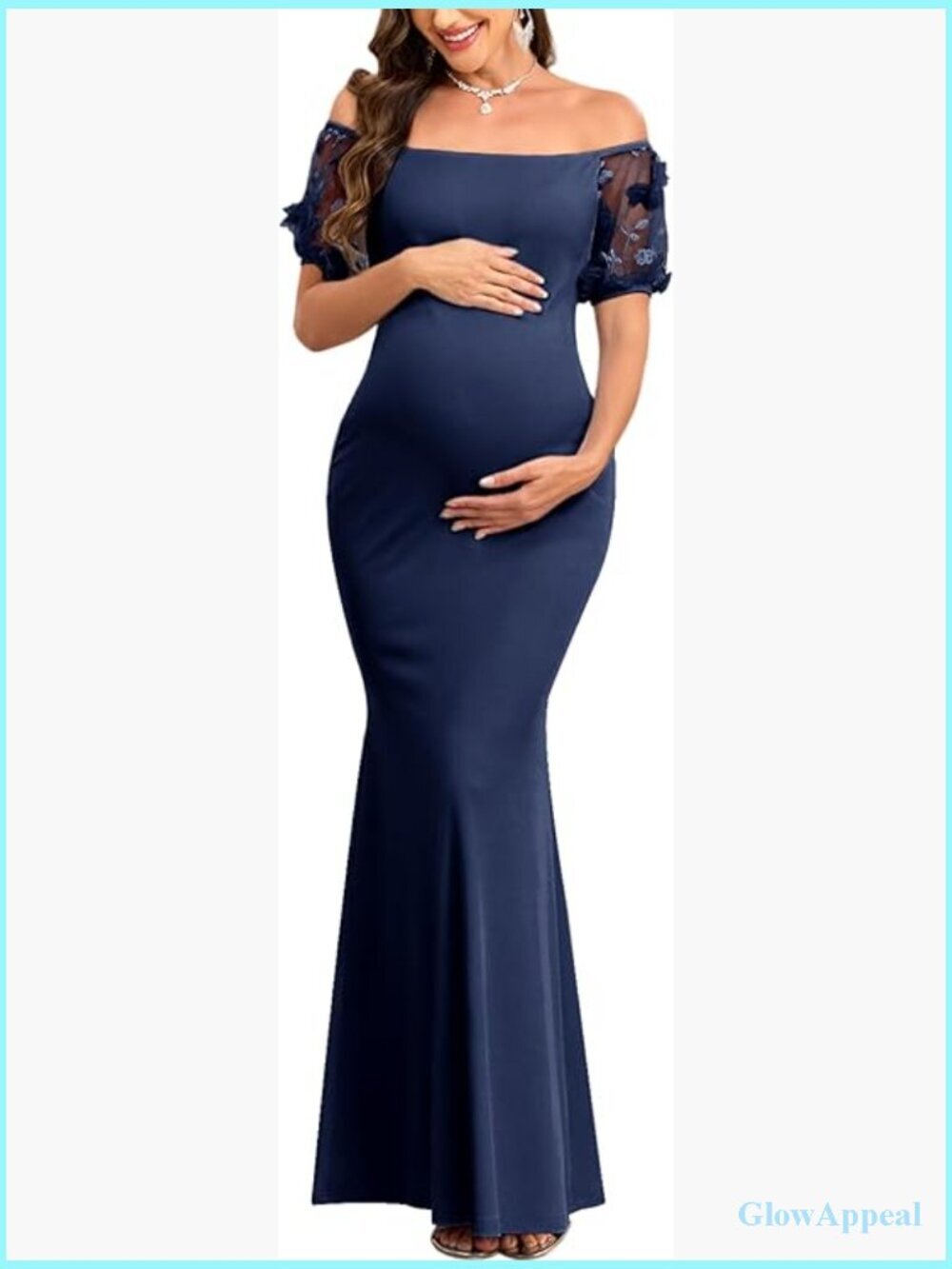 Maternity Evening Gown Off Shoulder 3D Floral Mesh Sleeves Mermaid Maxi Dress